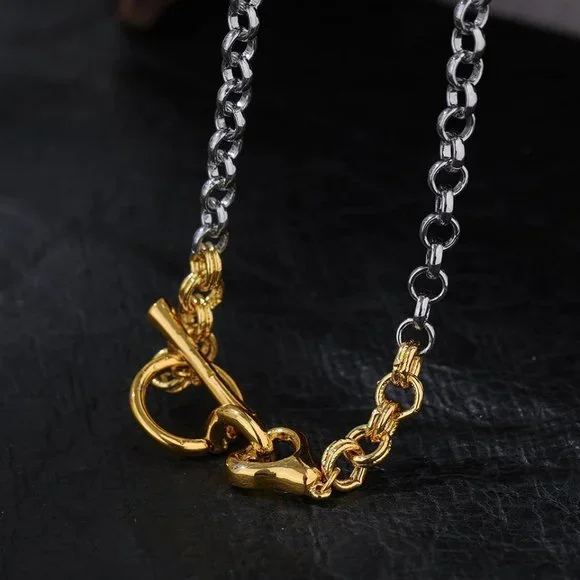 NEW Two Tone 18K Gold Plated Circle Bar Toggle Link Chain Necklace - Picture 3 of 5